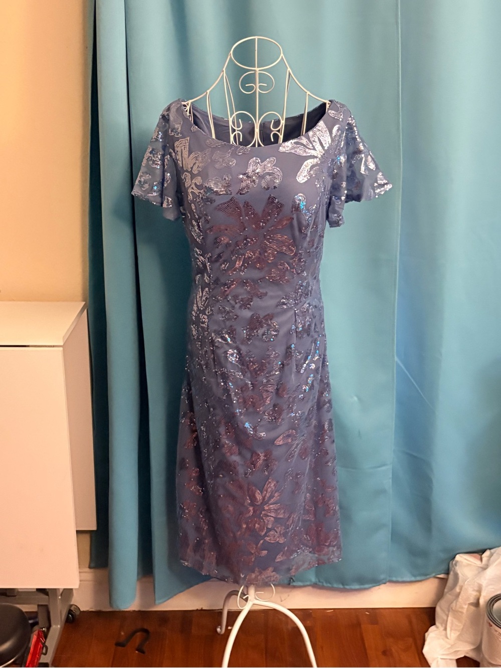 Navy Sequin Floral Midi Dress